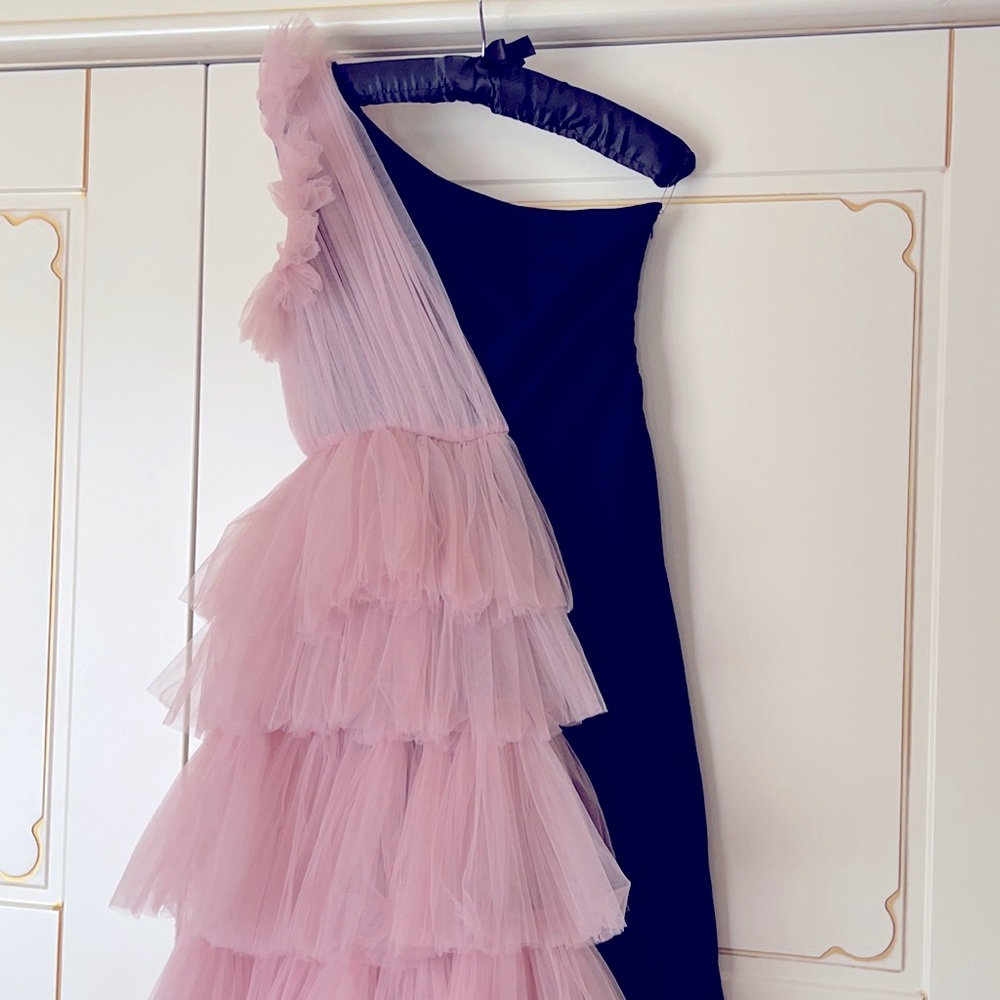 PINK&BLACK RUFFLED TULLE MIDI DRESS - Picture 2 of 5